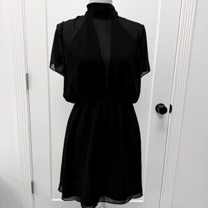Black Sheer layered Sleeveless Dress V Neck w/ Mock Neck Open Back  BCBG